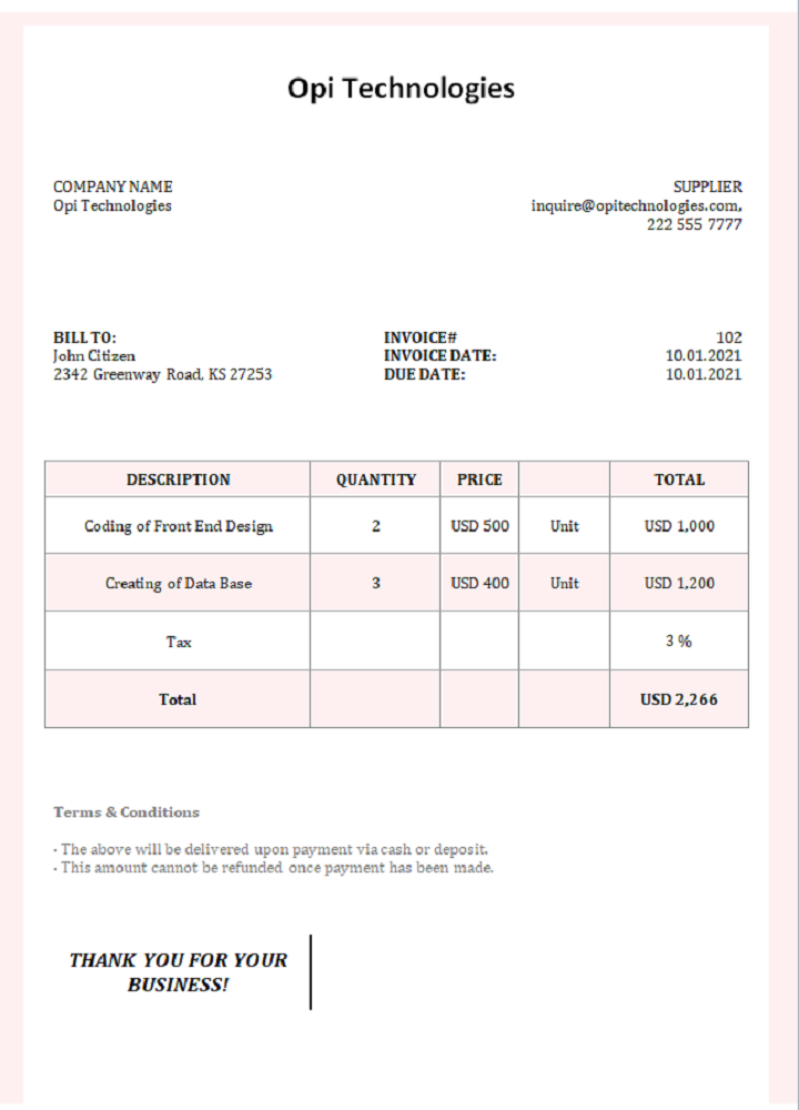 USA Opi Technologies invoice PSD template